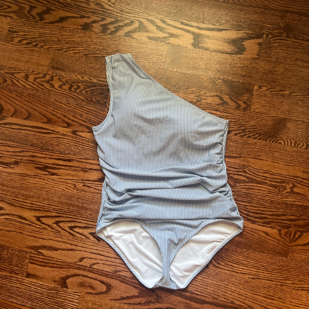 Jcrew One Shoulder Classic Blue Seersucker Ruched One piece bathing suit